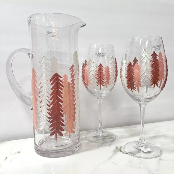 NEW! SET OF 2 Hand Painted CRYSTAL WINE GLASSES & PITCHER Pink Pine Trees RARE - Picture 1 of 2